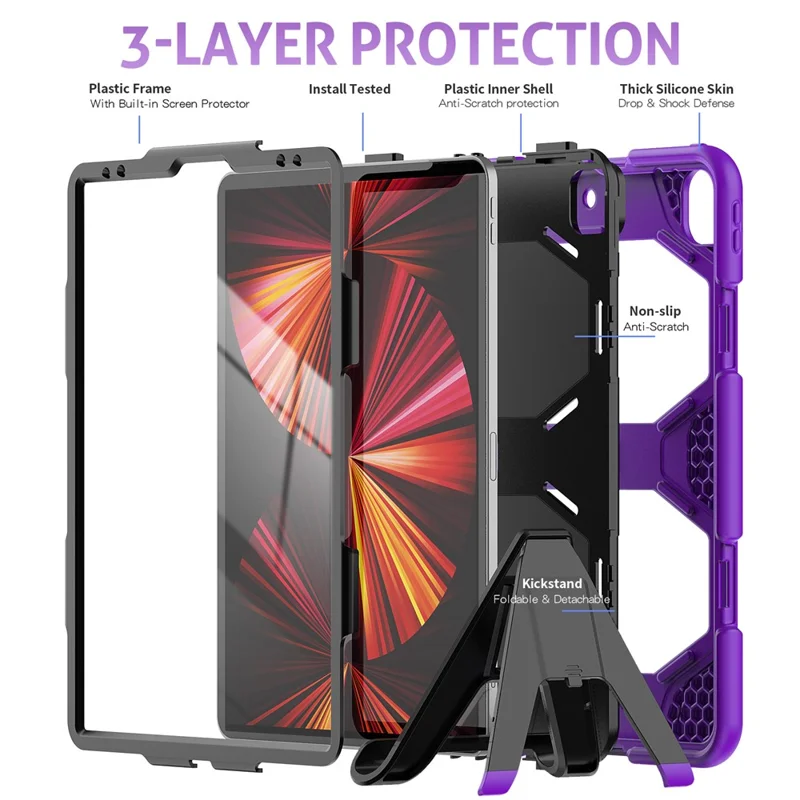 For iPad Pro 12.9 (2022) / (2021) / (2020) / (2018) Protective Case Anti-Fall PC + Silicone Case Scratch-Proof Kickstand Tablet Cover - Purple