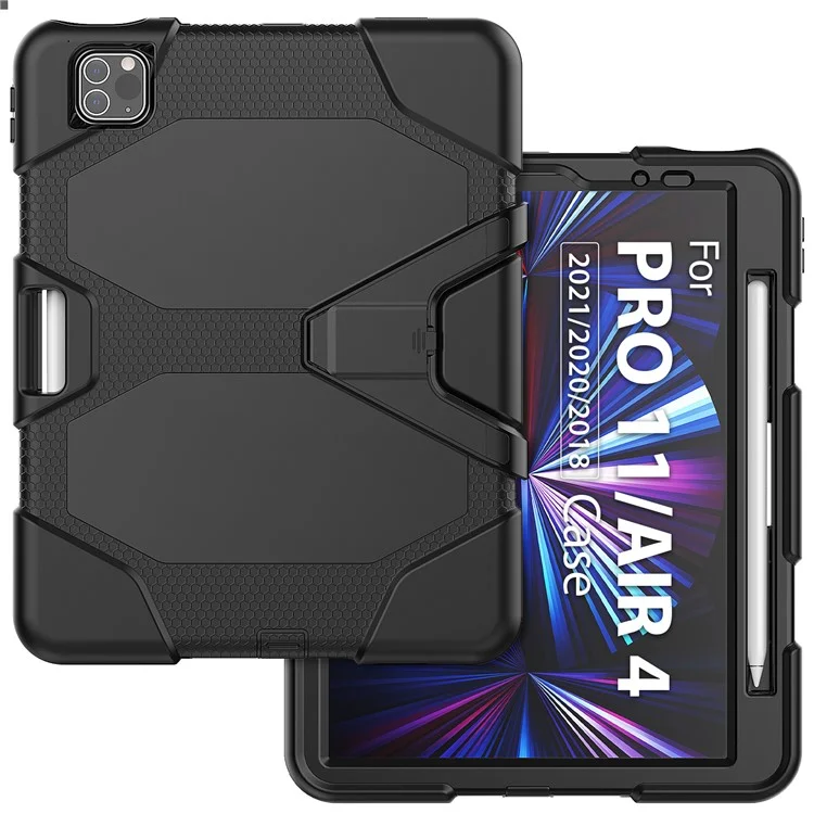 pour ipad pro 11 (2022) / (2021) / (2020) / (2018) / air (2022) / (2020) case de protection pc anti-drop pc + couverture de tablette de kickstand à l'épreuve des rayures silicone - noir