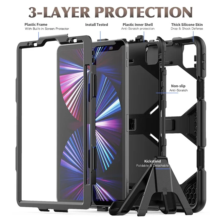 pour ipad pro 11 (2022) / (2021) / (2020) / (2018) / air (2022) / (2020) case de protection pc anti-drop pc + couverture de tablette de kickstand à l'épreuve des rayures silicone - noir