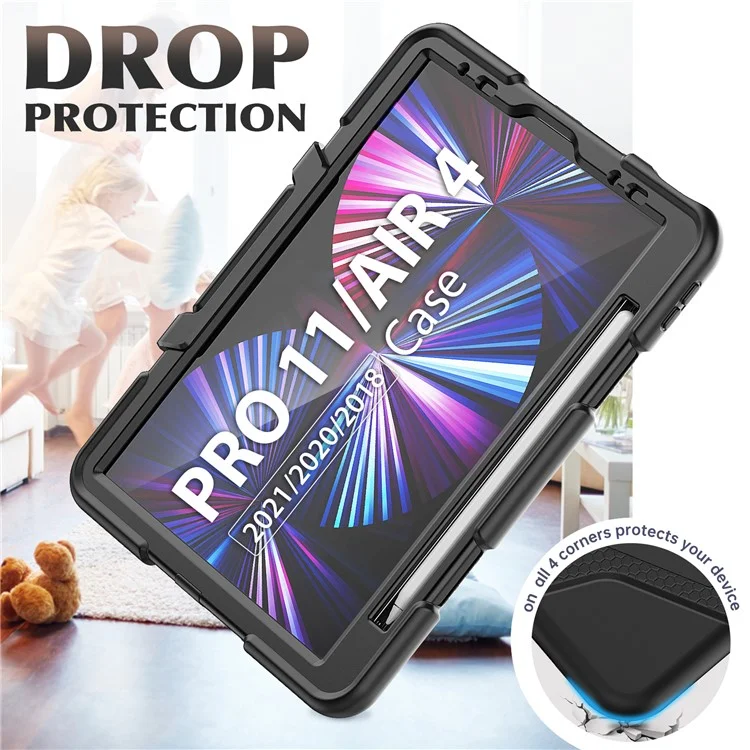 For iPad Pro 11 (2022) / (2021) / (2020) / (2018)  /  Air (2022) / (2020) Protective Case Anti-Drop PC + Silicone Case Scratch-Proof Kickstand Tablet Cover - Black
