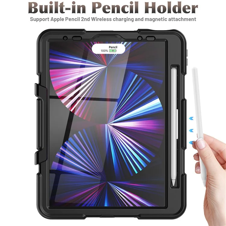 For iPad Pro 11 (2022) / (2021) / (2020) / (2018)  /  Air (2022) / (2020) Protective Case Anti-Drop PC + Silicone Case Scratch-Proof Kickstand Tablet Cover - Black