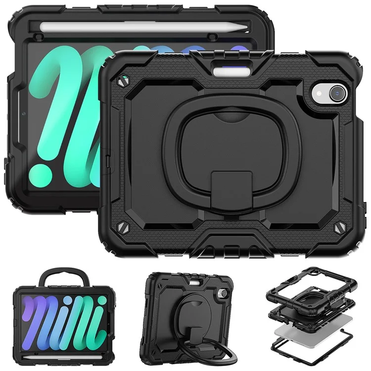 Drop-Proof Case for iPad mini (2024) / mini (2021) Anti-Scratch Tablet Case PC + Silicone Shockproof Cover 360-Degree Rotating Kickstand Case with Shoulder Strap - Black