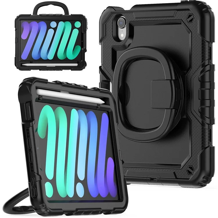 Drop-Proof Case for iPad mini (2024) / mini (2021) Anti-Scratch Tablet Case PC + Silicone Shockproof Cover 360-Degree Rotating Kickstand Case with Shoulder Strap - Black