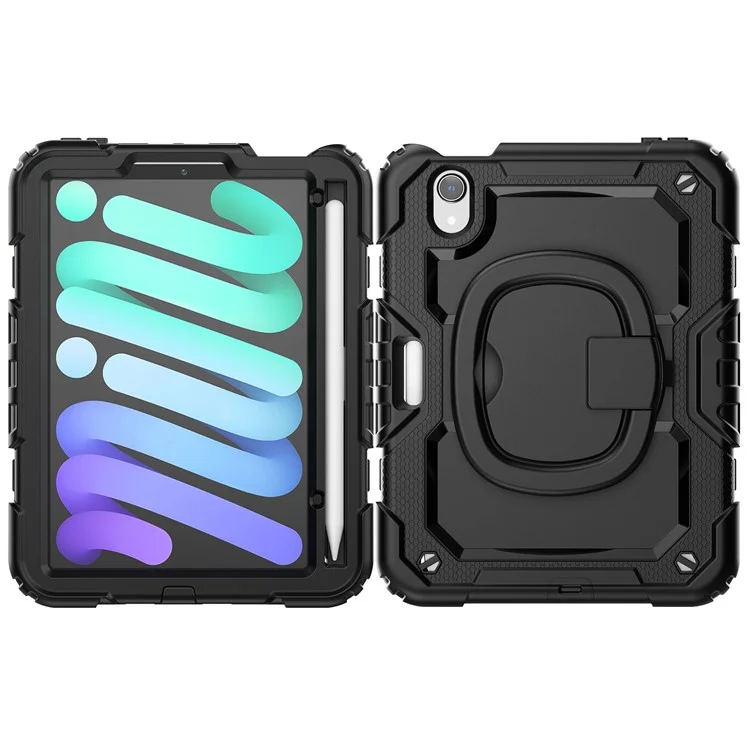 Drop-Proof Case for iPad mini (2024) / mini (2021) Anti-Scratch Tablet Case PC + Silicone Shockproof Cover 360-Degree Rotating Kickstand Case with Shoulder Strap - Black
