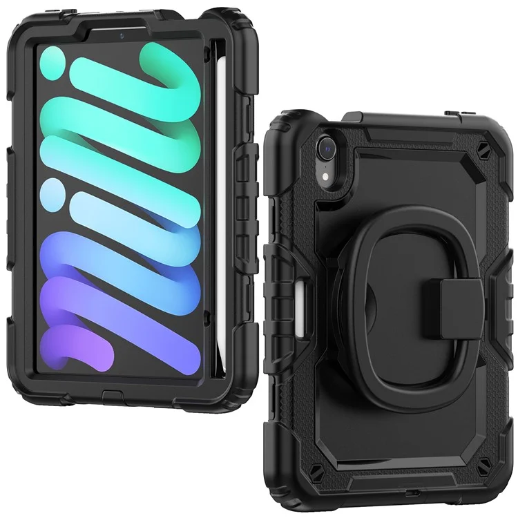 Drop-Proof Case for iPad mini (2024) / mini (2021) Anti-Scratch Tablet Case PC + Silicone Shockproof Cover 360-Degree Rotating Kickstand Case with Shoulder Strap - Black