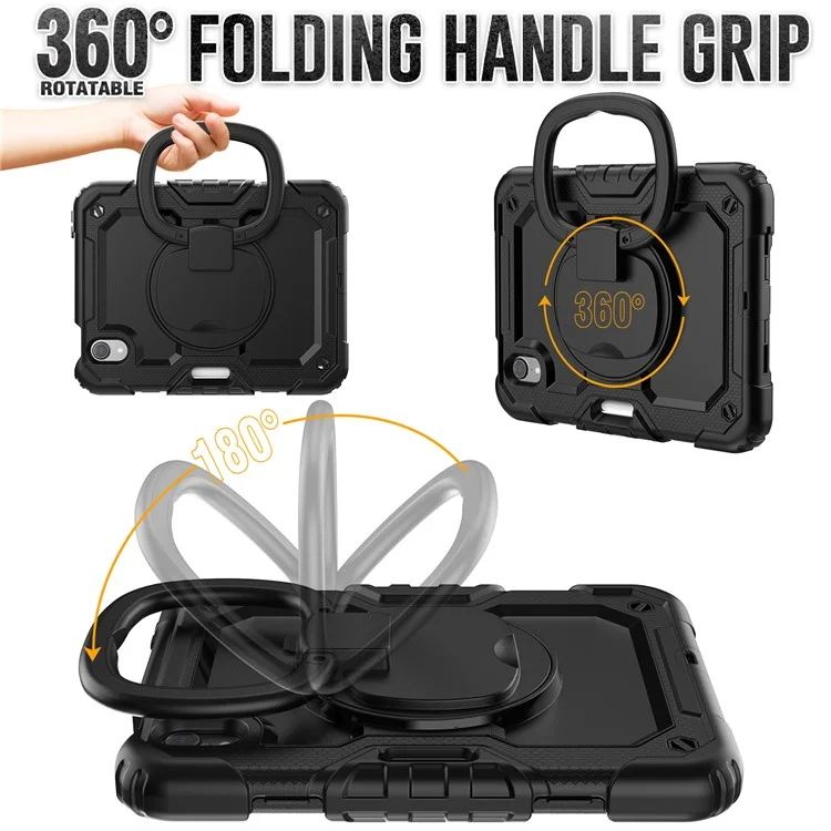 Drop-Proof Case for iPad mini (2024) / mini (2021) Anti-Scratch Tablet Case PC + Silicone Shockproof Cover 360-Degree Rotating Kickstand Case with Shoulder Strap - Black