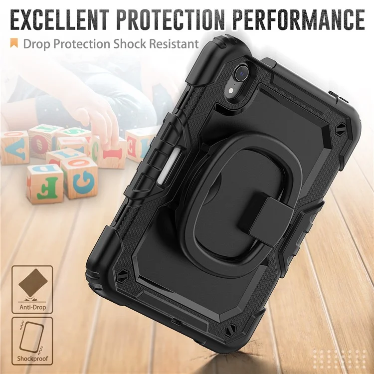 Drop-Proof Case for iPad mini (2024) / mini (2021) Anti-Scratch Tablet Case PC + Silicone Shockproof Cover 360-Degree Rotating Kickstand Case with Shoulder Strap - Black