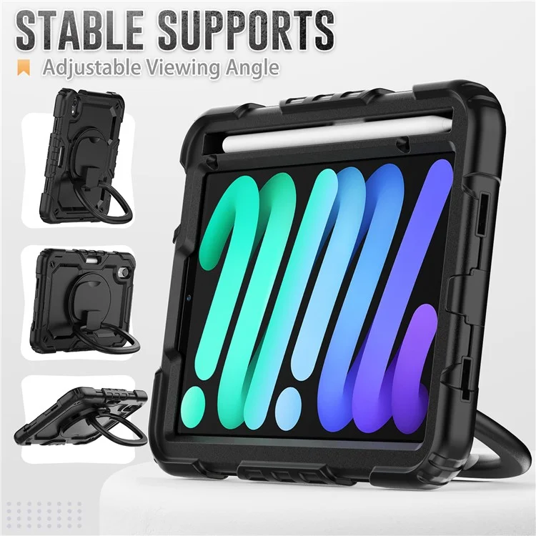Drop-Proof Case for iPad mini (2024) / mini (2021) Anti-Scratch Tablet Case PC + Silicone Shockproof Cover 360-Degree Rotating Kickstand Case with Shoulder Strap - Black