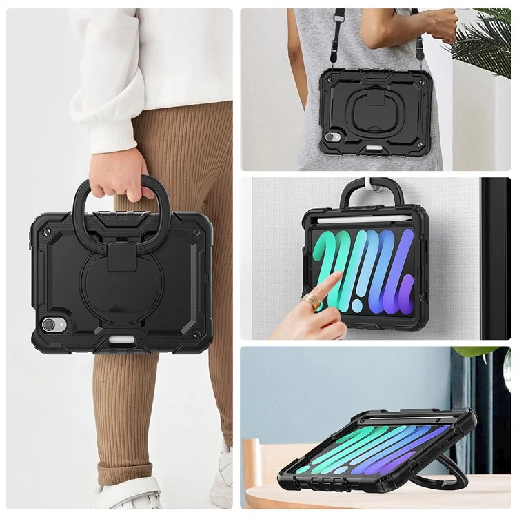 Drop-Proof Case for iPad mini (2024) / mini (2021) Anti-Scratch Tablet Case PC + Silicone Shockproof Cover 360-Degree Rotating Kickstand Case with Shoulder Strap - Black