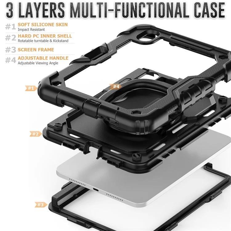 Drop-Proof Case for iPad mini (2024) / mini (2021) Anti-Scratch Tablet Case PC + Silicone Shockproof Cover 360-Degree Rotating Kickstand Case with Shoulder Strap - Black