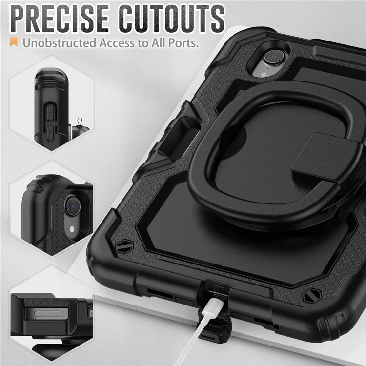 Drop-Proof Case for iPad mini (2024) / mini (2021) Anti-Scratch Tablet Case PC + Silicone Shockproof Cover 360-Degree Rotating Kickstand Case with Shoulder Strap - Black