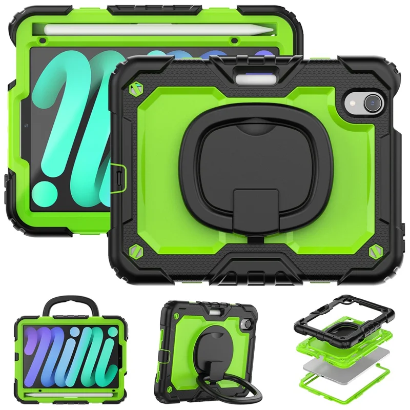 Drop-Proof Case for iPad mini (2024) / mini (2021) Anti-Scratch Tablet Case PC + Silicone Shockproof Cover 360-Degree Rotating Kickstand Case with Shoulder Strap - Black  /  Lime PC