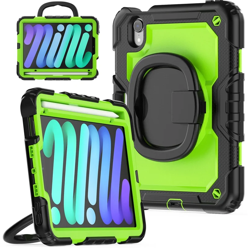 Drop-Proof Case for iPad mini (2024) / mini (2021) Anti-Scratch Tablet Case PC + Silicone Shockproof Cover 360-Degree Rotating Kickstand Case with Shoulder Strap - Black  /  Lime PC