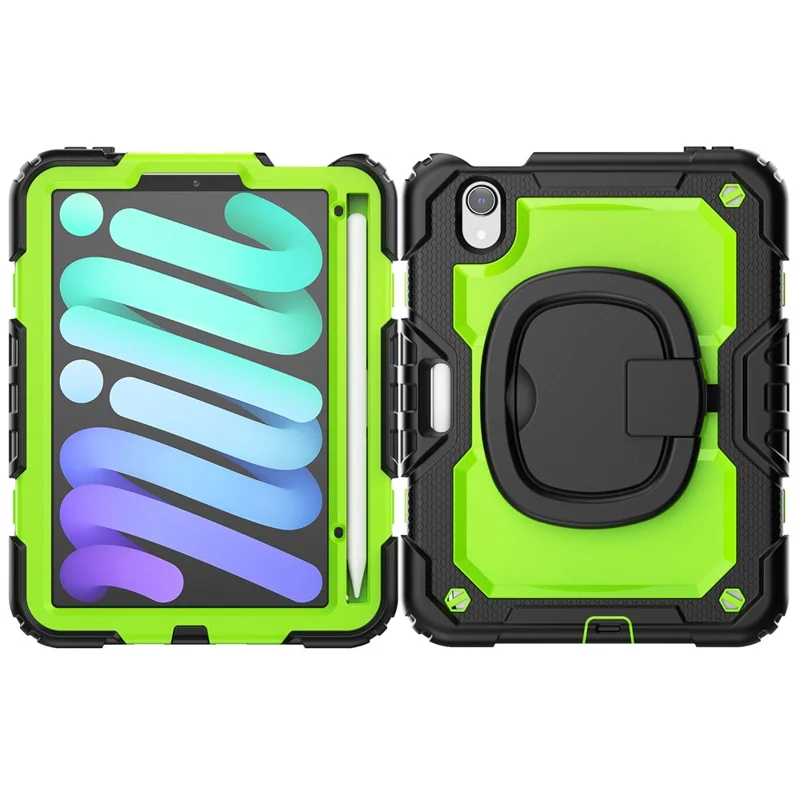 Drop-Proof Case for iPad mini (2024) / mini (2021) Anti-Scratch Tablet Case PC + Silicone Shockproof Cover 360-Degree Rotating Kickstand Case with Shoulder Strap - Black  /  Lime PC