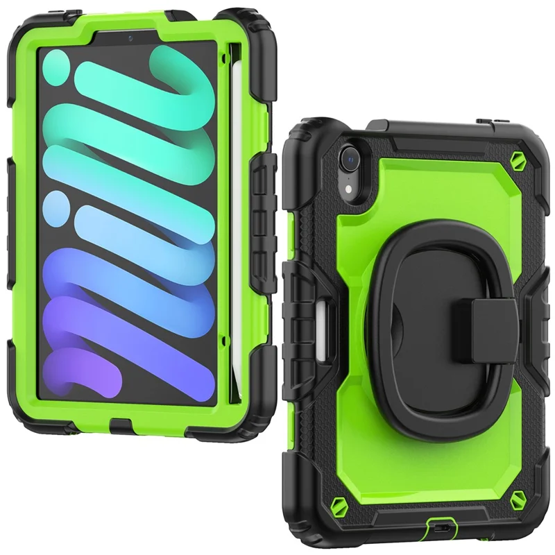 Drop-Proof Case for iPad mini (2024) / mini (2021) Anti-Scratch Tablet Case PC + Silicone Shockproof Cover 360-Degree Rotating Kickstand Case with Shoulder Strap - Black  /  Lime PC