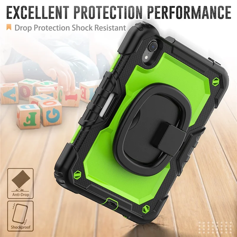 Drop-Proof Case for iPad mini (2024) / mini (2021) Anti-Scratch Tablet Case PC + Silicone Shockproof Cover 360-Degree Rotating Kickstand Case with Shoulder Strap - Black  /  Lime PC