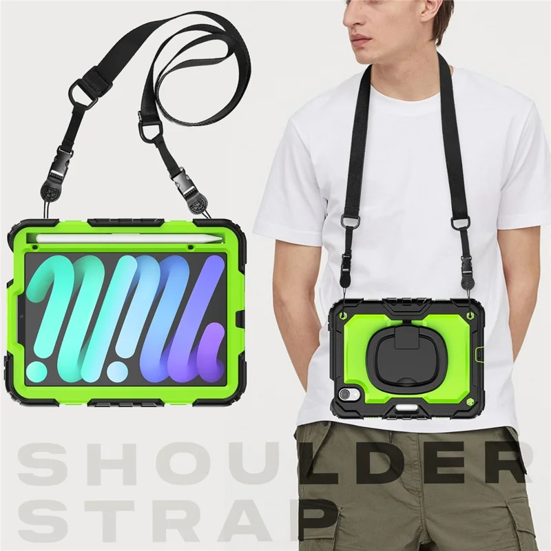 Drop-Proof Case for iPad mini (2024) / mini (2021) Anti-Scratch Tablet Case PC + Silicone Shockproof Cover 360-Degree Rotating Kickstand Case with Shoulder Strap - Black  /  Lime PC