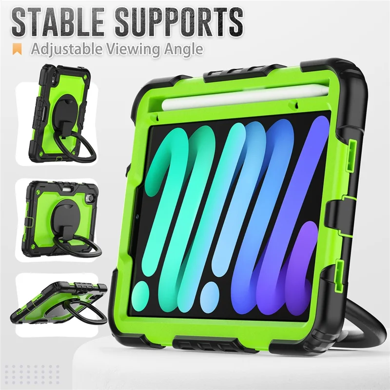 Drop-Proof Case for iPad mini (2024) / mini (2021) Anti-Scratch Tablet Case PC + Silicone Shockproof Cover 360-Degree Rotating Kickstand Case with Shoulder Strap - Black  /  Lime PC