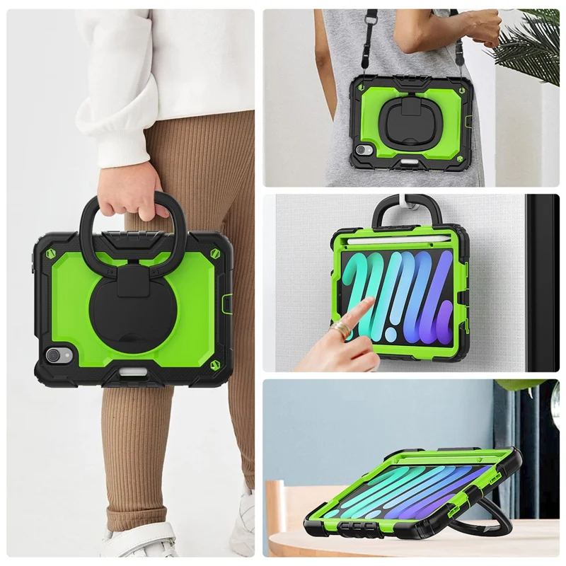 Drop-Proof Case for iPad mini (2024) / mini (2021) Anti-Scratch Tablet Case PC + Silicone Shockproof Cover 360-Degree Rotating Kickstand Case with Shoulder Strap - Black  /  Lime PC