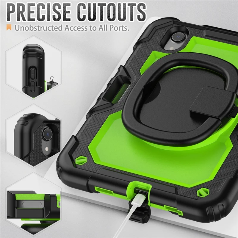 Drop-Proof Case for iPad mini (2024) / mini (2021) Anti-Scratch Tablet Case PC + Silicone Shockproof Cover 360-Degree Rotating Kickstand Case with Shoulder Strap - Black  /  Lime PC