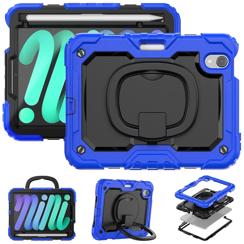 Custodia Antiurto per iPad mini (2024) / mini (2021) Custodia per Tablet Antigraffio in PC + Silicone Custodia con Supporto Girevole a 360° con Tracolla - Blu Scuro