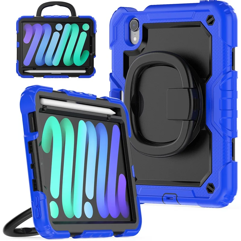 Custodia Antiurto per iPad mini (2024) / mini (2021) Custodia per Tablet Antigraffio in PC + Silicone Custodia con Supporto Girevole a 360° con Tracolla - Blu Scuro
