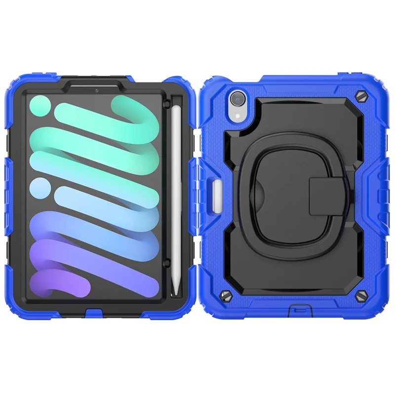 Custodia Antiurto per iPad mini (2024) / mini (2021) Custodia per Tablet Antigraffio in PC + Silicone Custodia con Supporto Girevole a 360° con Tracolla - Blu Scuro