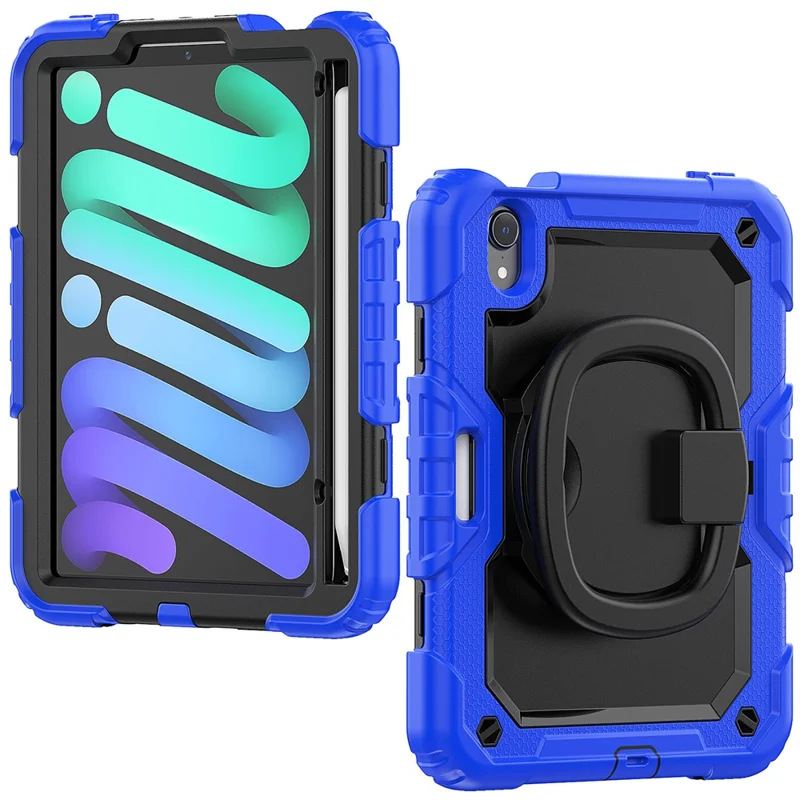 Custodia Antiurto per iPad mini (2024) / mini (2021) Custodia per Tablet Antigraffio in PC + Silicone Custodia con Supporto Girevole a 360° con Tracolla - Blu Scuro