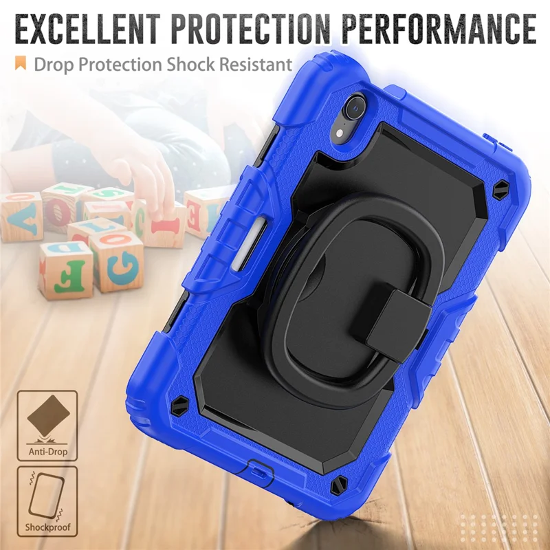 Custodia Antiurto per iPad mini (2024) / mini (2021) Custodia per Tablet Antigraffio in PC + Silicone Custodia con Supporto Girevole a 360° con Tracolla - Blu Scuro