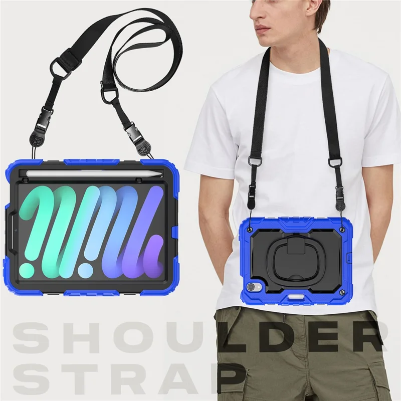 Custodia Antiurto per iPad mini (2024) / mini (2021) Custodia per Tablet Antigraffio in PC + Silicone Custodia con Supporto Girevole a 360° con Tracolla - Blu Scuro