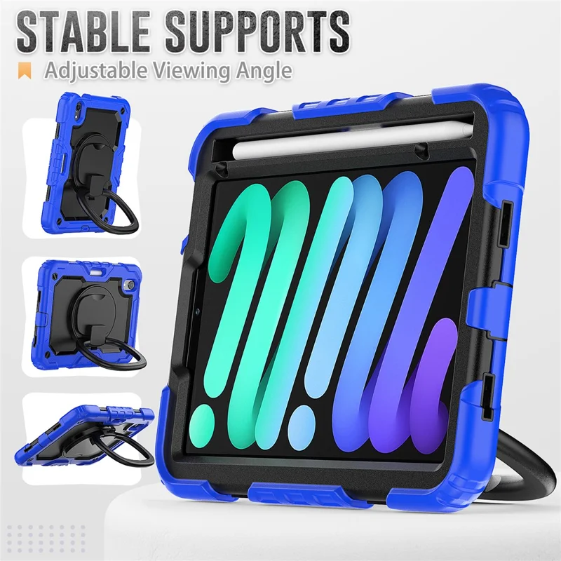 Custodia Antiurto per iPad mini (2024) / mini (2021) Custodia per Tablet Antigraffio in PC + Silicone Custodia con Supporto Girevole a 360° con Tracolla - Blu Scuro