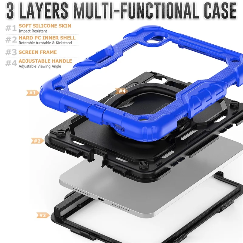 Custodia Antiurto per iPad mini (2024) / mini (2021) Custodia per Tablet Antigraffio in PC + Silicone Custodia con Supporto Girevole a 360° con Tracolla - Blu Scuro