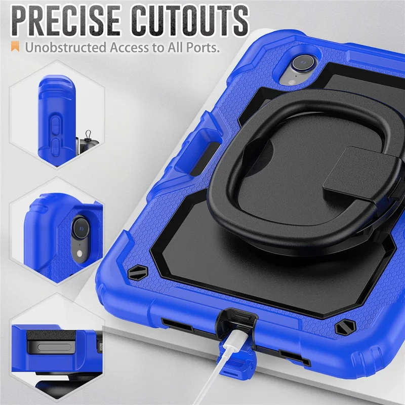Custodia Antiurto per iPad mini (2024) / mini (2021) Custodia per Tablet Antigraffio in PC + Silicone Custodia con Supporto Girevole a 360° con Tracolla - Blu Scuro