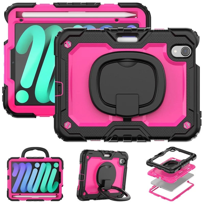 Drop-Proof Case for iPad mini (2024) / mini (2021) Anti-Scratch Tablet Case PC + Silicone Shockproof Cover 360-Degree Rotating Kickstand Case with Shoulder Strap - Black  /  Rose PC
