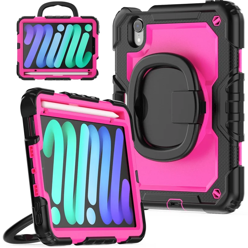 Drop-Proof Case for iPad mini (2024) / mini (2021) Anti-Scratch Tablet Case PC + Silicone Shockproof Cover 360-Degree Rotating Kickstand Case with Shoulder Strap - Black  /  Rose PC