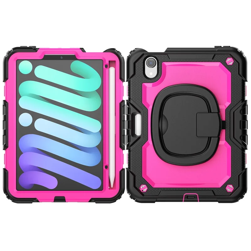 Drop-Proof Case for iPad mini (2024) / mini (2021) Anti-Scratch Tablet Case PC + Silicone Shockproof Cover 360-Degree Rotating Kickstand Case with Shoulder Strap - Black  /  Rose PC