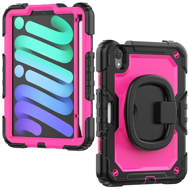 Drop-Proof Case for iPad mini (2024) / mini (2021) Anti-Scratch Tablet Case PC + Silicone Shockproof Cover 360-Degree Rotating Kickstand Case with Shoulder Strap - Black  /  Rose PC