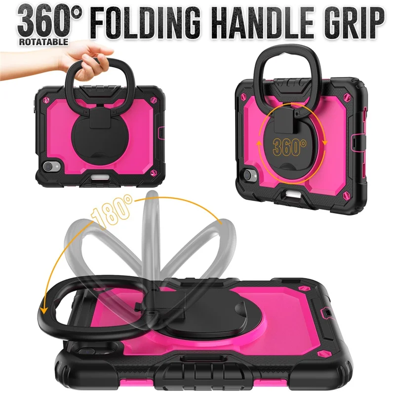 Drop-Proof Case for iPad mini (2024) / mini (2021) Anti-Scratch Tablet Case PC + Silicone Shockproof Cover 360-Degree Rotating Kickstand Case with Shoulder Strap - Black  /  Rose PC