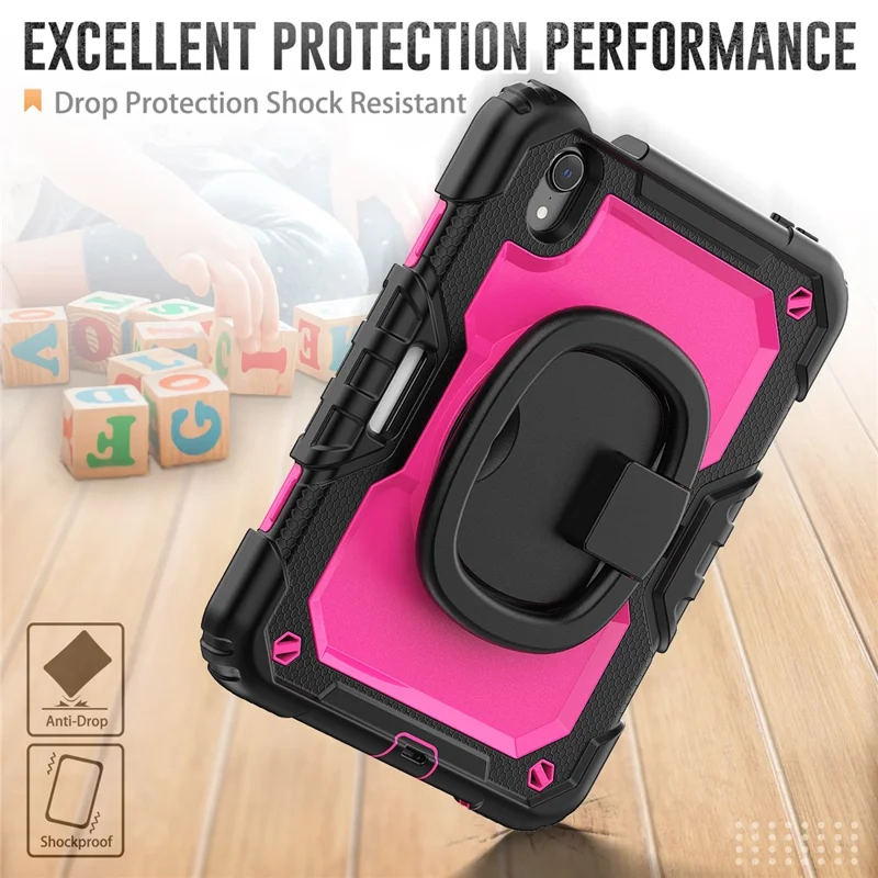 Drop-Proof Case for iPad mini (2024) / mini (2021) Anti-Scratch Tablet Case PC + Silicone Shockproof Cover 360-Degree Rotating Kickstand Case with Shoulder Strap - Black  /  Rose PC