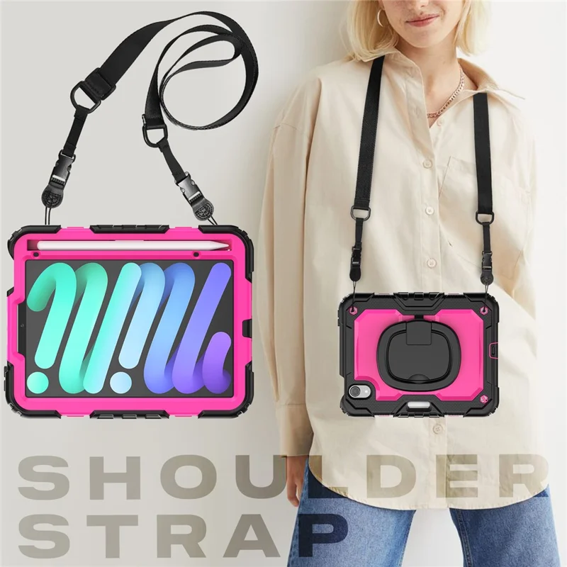 Drop-Proof Case for iPad mini (2024) / mini (2021) Anti-Scratch Tablet Case PC + Silicone Shockproof Cover 360-Degree Rotating Kickstand Case with Shoulder Strap - Black  /  Rose PC