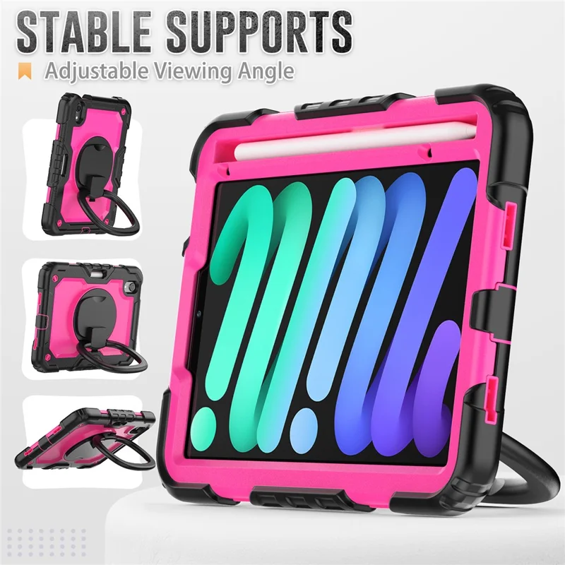Drop-Proof Case for iPad mini (2024) / mini (2021) Anti-Scratch Tablet Case PC + Silicone Shockproof Cover 360-Degree Rotating Kickstand Case with Shoulder Strap - Black  /  Rose PC