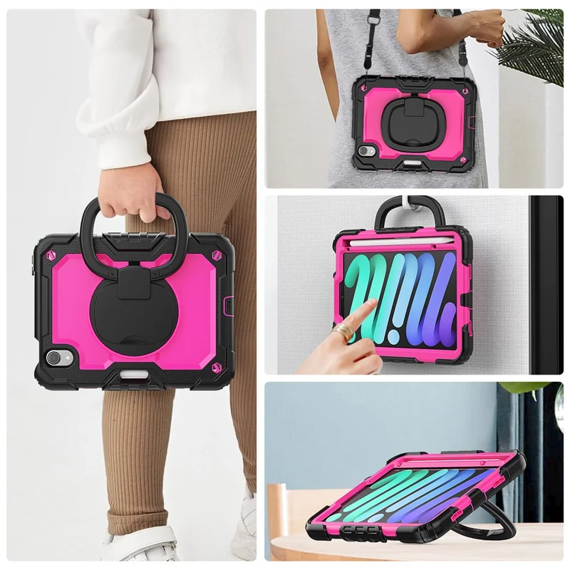 Drop-Proof Case for iPad mini (2024) / mini (2021) Anti-Scratch Tablet Case PC + Silicone Shockproof Cover 360-Degree Rotating Kickstand Case with Shoulder Strap - Black  /  Rose PC