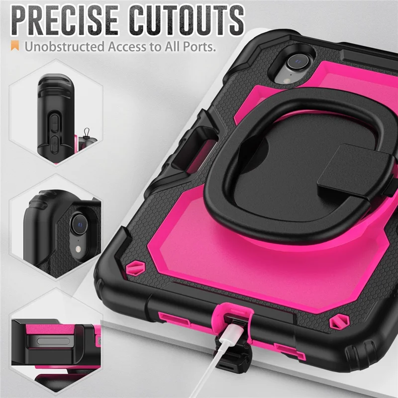 Drop-Proof Case for iPad mini (2024) / mini (2021) Anti-Scratch Tablet Case PC + Silicone Shockproof Cover 360-Degree Rotating Kickstand Case with Shoulder Strap - Black  /  Rose PC