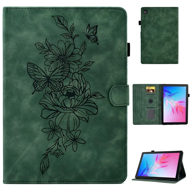 Per Huawei Enjoy Tablet 2 / MatePad T 10 9.7 pollici / T 10S 10.1 pollici / Honor Pad 6 10.1 pollici / Pad X6 9.7 pollici Custodia per tablet con motivo a fiori di farfalla stampato in pelle PU con supporto e slot per schede - Verde