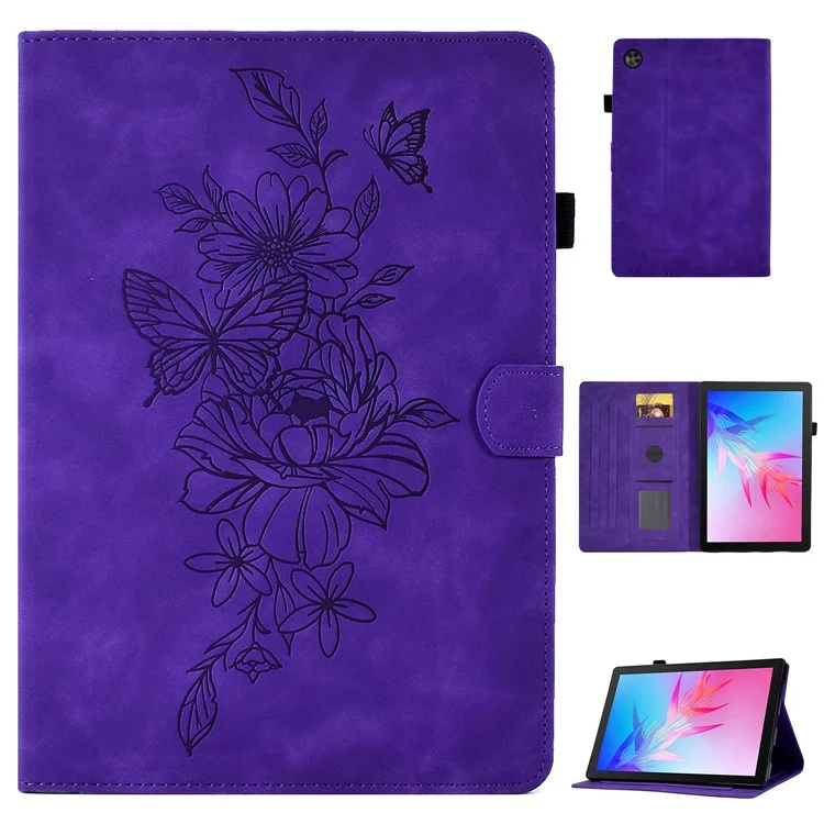 Für Huawei Genießen Sie Tablet 2 / Matepad T 10 9,7 Zoll / T 10s 10,1 Zoll / Ehrenblock 6 10,1 Zoll / Pad X6 9,7 Zoll Schmetterling Blumenmuster Geprägtes Tablet Hülle PU Leder Stand Kartenschlitzabdeckung - Violett