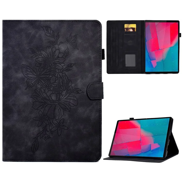 Para Lenovo Tab M10 Plus TB-X606F Patrón de Flores de Mariposa Impresión de Cuero PU Folio Case Suptor de la Tarjeta de Línea de Costura Soporte de Tableta Inteligente - Negro