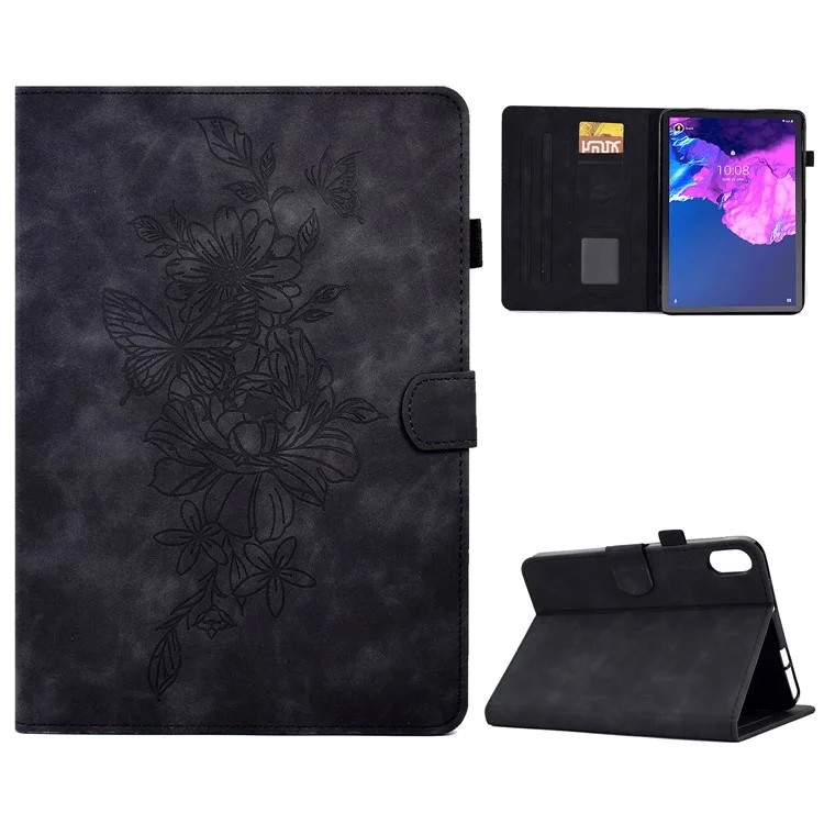 Para la Pestaña Lenovo P11 / J606F Patrón de Flores de Mariposa Línea de Costura de Cuero PU Impresa Cubierta de Tableta Inteligente Con Soporte de Tarjetas Caso a Prueba de Choque - Negro