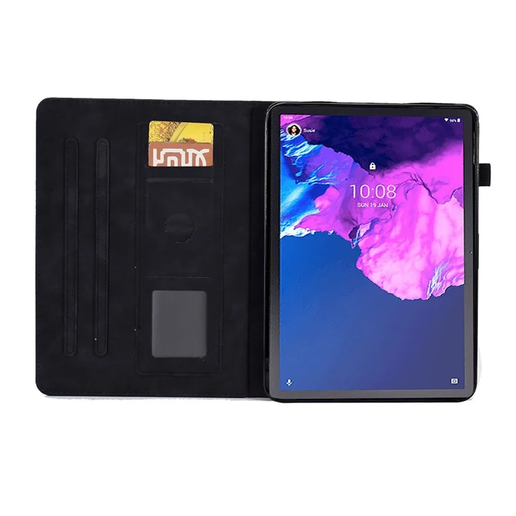 Para la Pestaña Lenovo P11 / J606F Patrón de Flores de Mariposa Línea de Costura de Cuero PU Impresa Cubierta de Tableta Inteligente Con Soporte de Tarjetas Caso a Prueba de Choque - Negro