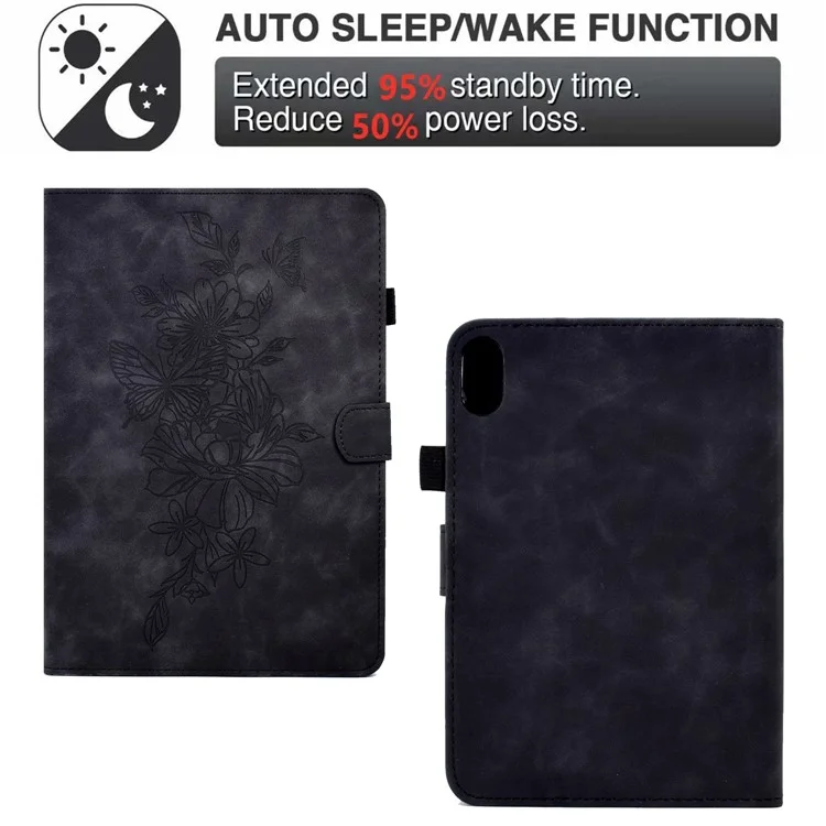 Para la Pestaña Lenovo P11 / J606F Patrón de Flores de Mariposa Línea de Costura de Cuero PU Impresa Cubierta de Tableta Inteligente Con Soporte de Tarjetas Caso a Prueba de Choque - Negro