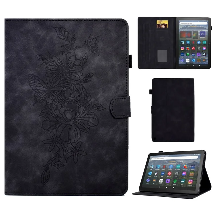 Для Amazon Fire HD 8 (2022) / HD 8 Plus (2022) PU Кожаная Подставка Функциональная Карта Слоты Таблетки Корпус Бабочка Цветочный Рисунок Отпечаток Автоматический Сон / Пробуждение - Черный